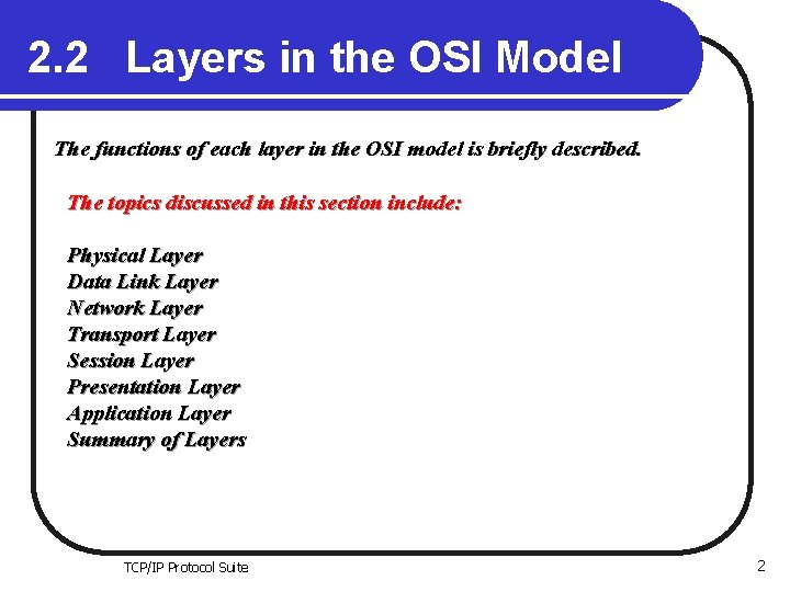 2. 2 Layers in the OSI Model The functions of each layer in the