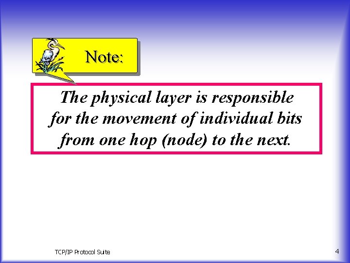 Note: The physical layer is responsible for the movement of individual bits from one