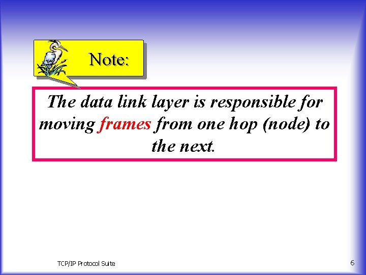 Note: The data link layer is responsible for moving frames from one hop (node)