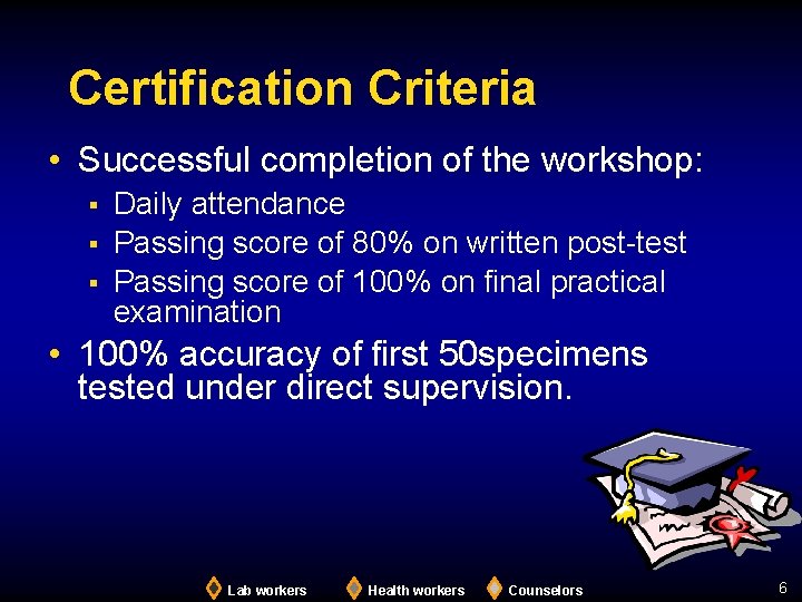Certification Criteria • Successful completion of the workshop: § § § Daily attendance Passing