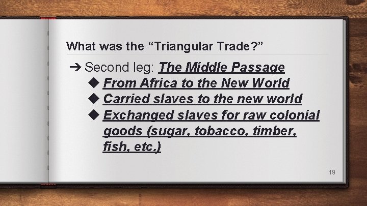 What was the “Triangular Trade? ” ➔ Second leg: The Middle Passage ◆ From What was the “Triangular Trade? ” ➔ Second leg: The Middle Passage ◆ From