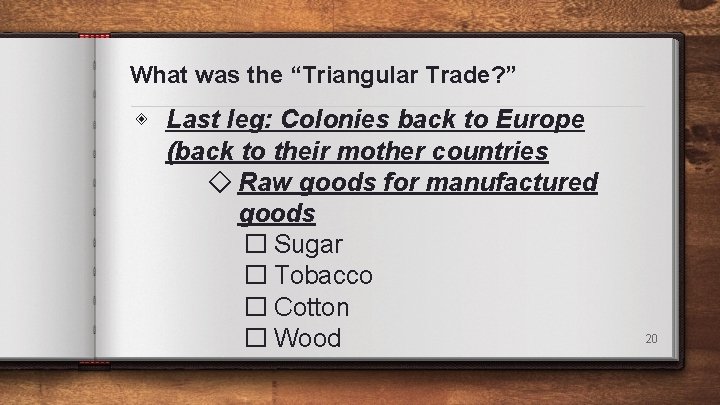 What was the “Triangular Trade? ” ◈ Last leg: Colonies back to Europe (back What was the “Triangular Trade? ” ◈ Last leg: Colonies back to Europe (back