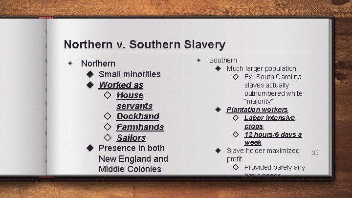 Northern v. Southern Slavery ◈ Northern ◆ Small minorities ◆ Worked as ◇ House Northern v. Southern Slavery ◈ Northern ◆ Small minorities ◆ Worked as ◇ House