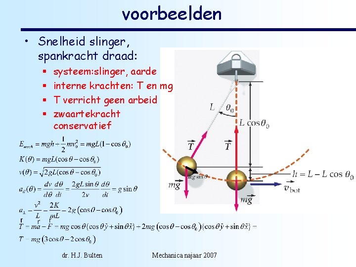 voorbeelden • Snelheid slinger, spankracht draad: § § systeem: slinger, aarde interne krachten: T