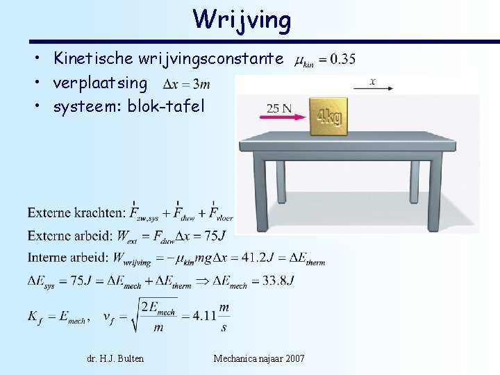 Wrijving • Kinetische wrijvingsconstante • verplaatsing • systeem: blok-tafel dr. H. J. Bulten Mechanica