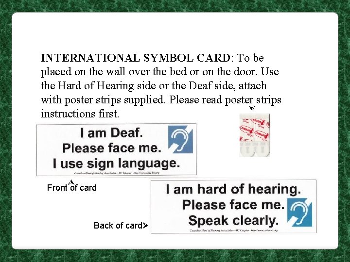  INTERNATIONAL SYMBOL CARD: To be placed on the wall over the bed or