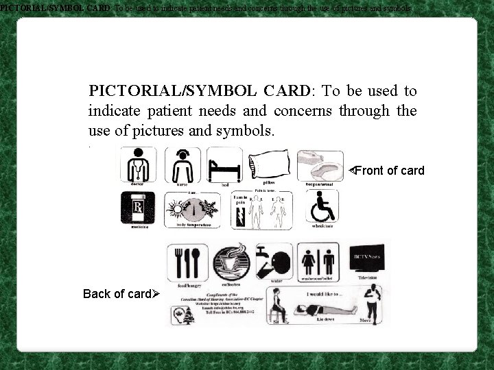 PICTORIAL/SYMBOL CARD: To be used to indicate patient needs and concerns through the use