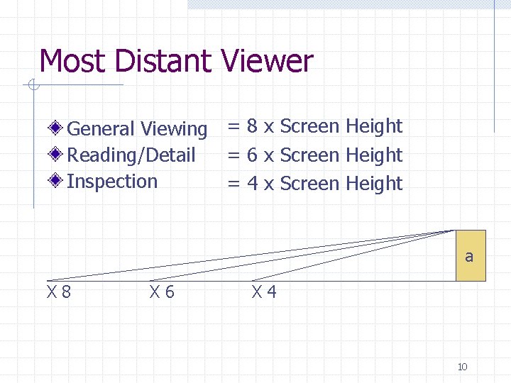 Most Distant Viewer General Viewing = 8 x Screen Height Reading/Detail = 6 x