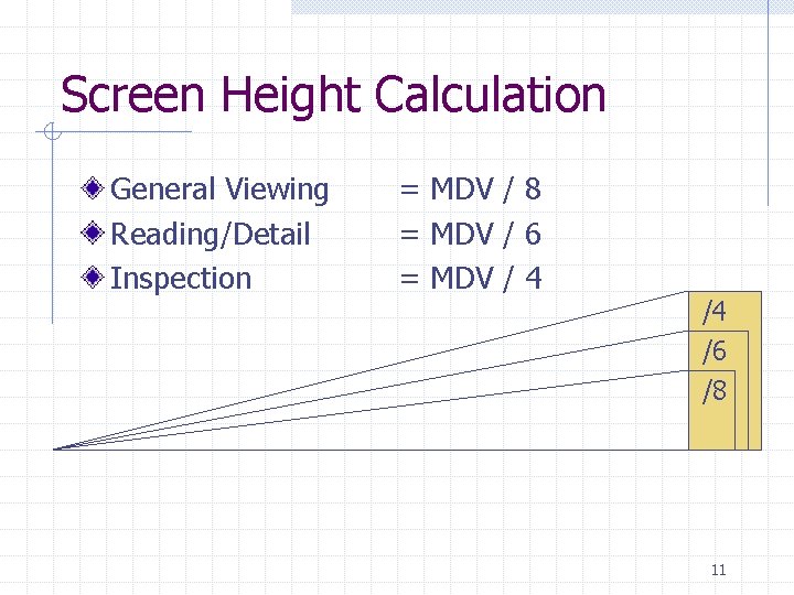 Screen Height Calculation General Viewing Reading/Detail Inspection = MDV / 8 = MDV /