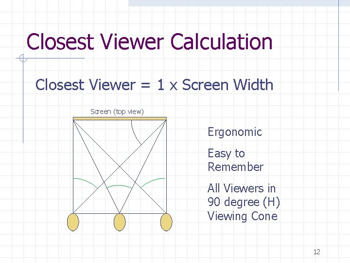 Closest Viewer Calculation Closest Viewer = 1 x Screen Width Screen (top view) Ergonomic