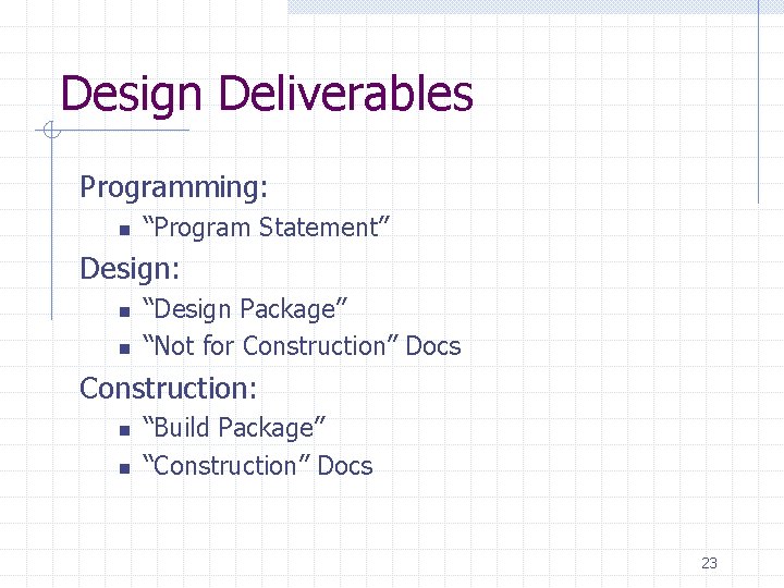 Design Deliverables Programming: n “Program Statement” Design: n n “Design Package” “Not for Construction”