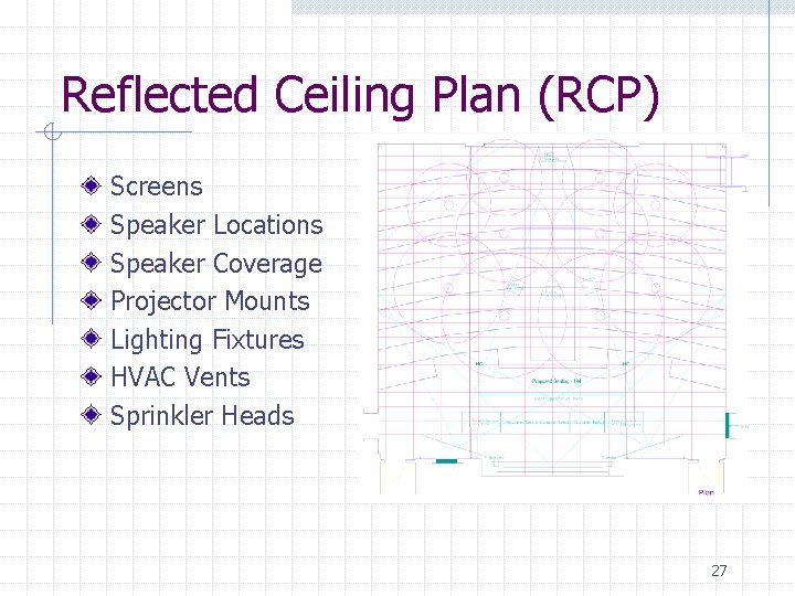 Reflected Ceiling Plan (RCP) Screens Speaker Locations Speaker Coverage Projector Mounts Lighting Fixtures HVAC