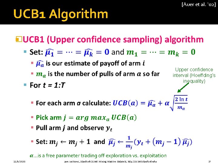 UCB 1 Algorithm [Auer et al. ‘ 02] � Upper confidence interval (Hoeffding’s inequality)