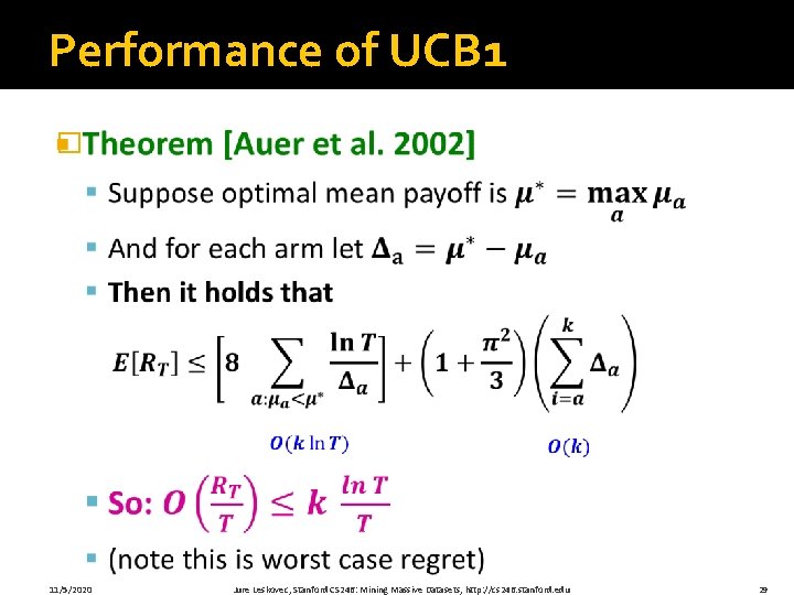 Performance of UCB 1 � 11/5/2020 Jure Leskovec, Stanford CS 246: Mining Massive Datasets, Performance of UCB 1 � 11/5/2020 Jure Leskovec, Stanford CS 246: Mining Massive Datasets,