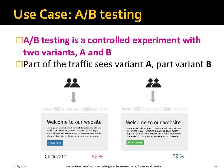 Use Case: A/B testing �A/B testing is a controlled experiment with two variants, A Use Case: A/B testing �A/B testing is a controlled experiment with two variants, A