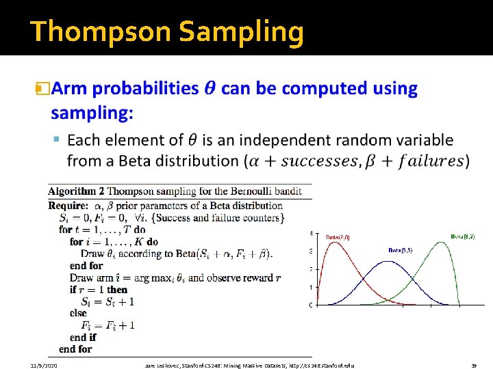 Thompson Sampling � 11/5/2020 Jure Leskovec, Stanford CS 246: Mining Massive Datasets, http: //cs Thompson Sampling � 11/5/2020 Jure Leskovec, Stanford CS 246: Mining Massive Datasets, http: //cs