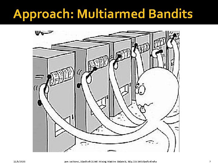 Approach: Multiarmed Bandits 11/5/2020 Jure Leskovec, Stanford CS 246: Mining Massive Datasets, http: //cs Approach: Multiarmed Bandits 11/5/2020 Jure Leskovec, Stanford CS 246: Mining Massive Datasets, http: //cs