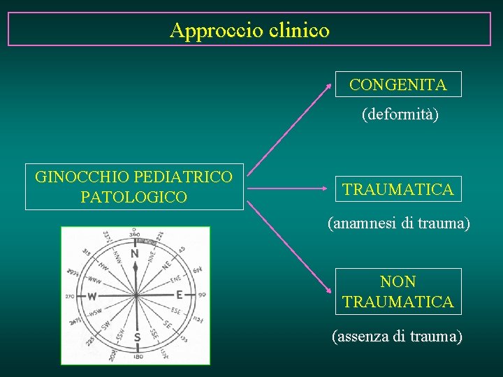 Approccio clinico CONGENITA (deformità) GINOCCHIO PEDIATRICO PATOLOGICO TRAUMATICA (anamnesi di trauma) NON TRAUMATICA (assenza