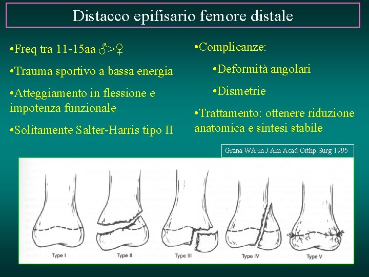 Distacco epifisario femore distale • Freq tra 11 -15 aa ♂>♀ • Complicanze: •