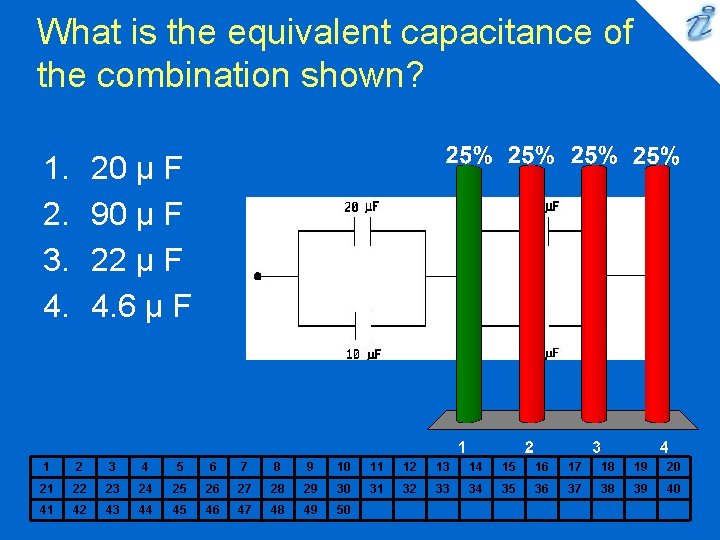 What is the equivalent capacitance of the combination shown? 1. 2. 3. 4. 20