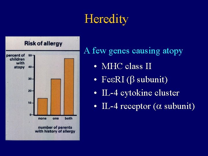 Heredity A few genes causing atopy • • MHC class II Fc RI (