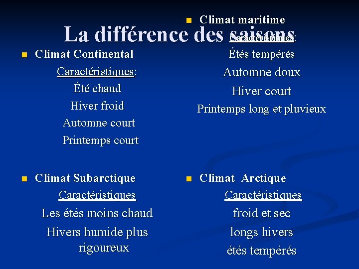 n Climat maritime La différence des Caractéristiques saisons: n n Climat Continental Caractéristiques: Été n Climat maritime La différence des Caractéristiques saisons: n n Climat Continental Caractéristiques: Été