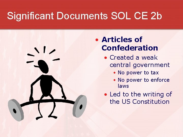 Significant Documents SOL CE 2 b • Articles of Confederation • Created a weak