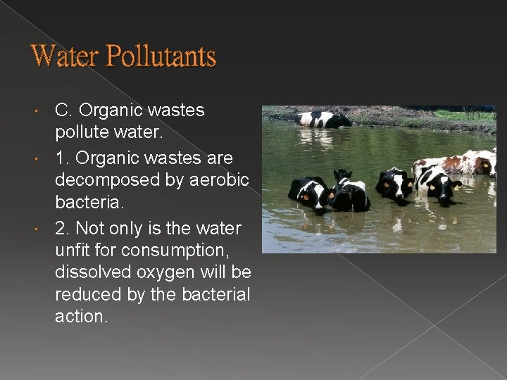 Water Pollutants C. Organic wastes pollute water. 1. Organic wastes are decomposed by aerobic