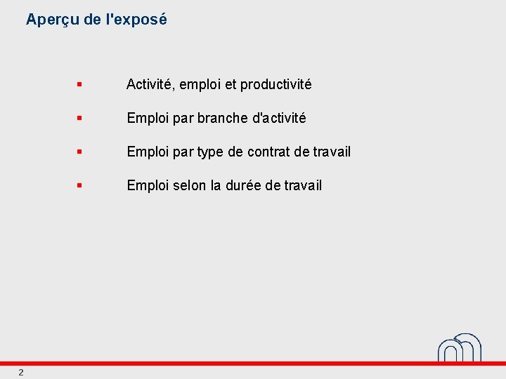 Aperçu de l'exposé 2 § Activité, emploi et productivité § Emploi par branche d'activité