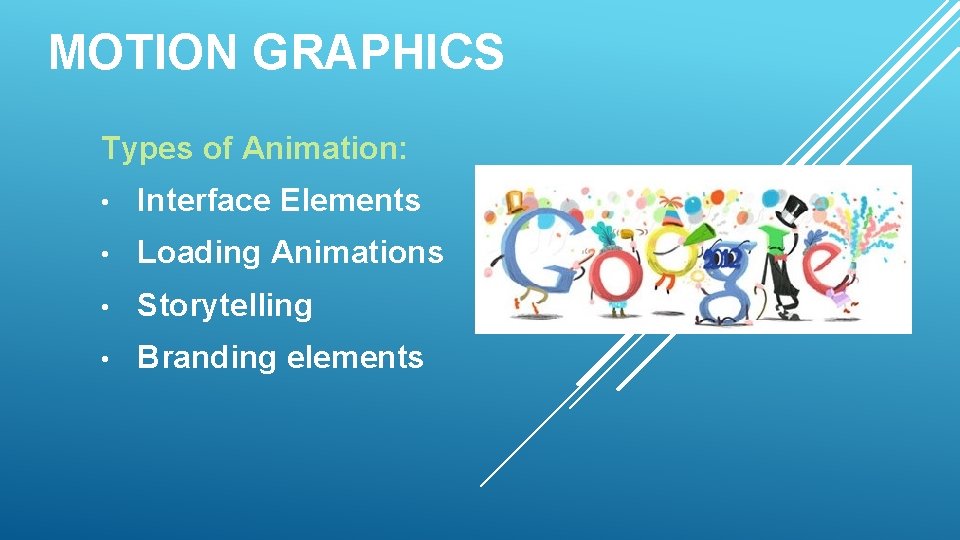 MOTION GRAPHICS Types of Animation: • Interface Elements • Loading Animations • Storytelling •