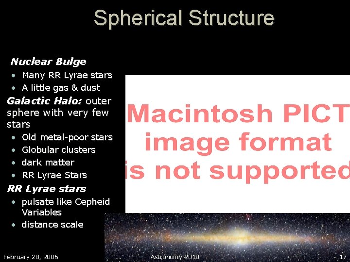 Spherical Structure Nuclear Bulge • Many RR Lyrae stars • A little gas &