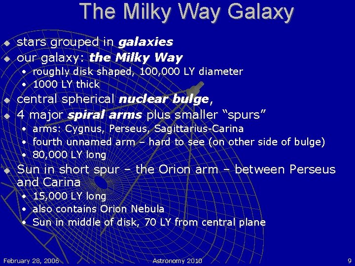 The Milky Way Galaxy u u stars grouped in galaxies our galaxy: the Milky