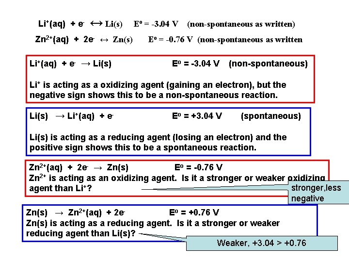 Li+(aq) + e- ↔ Li(s) Zn 2+(aq) + 2 e- ↔ Zn(s) Li+(aq) +