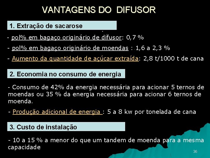 VANTAGENS DO DIFUSOR 1. Extração de sacarose - pol% em bagaço originário de difusor: