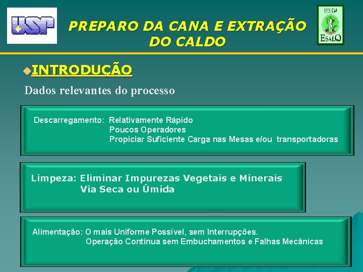 PREPARO DA CANA E EXTRAÇÃO DO CALDO u. INTRODUÇÃO Dados relevantes do processo Descarregamento: