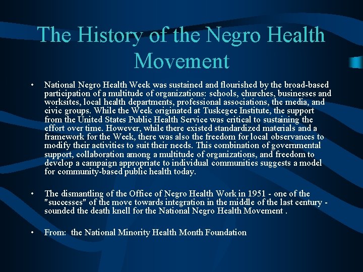 The History of the Negro Health Movement • National Negro Health Week was sustained The History of the Negro Health Movement • National Negro Health Week was sustained