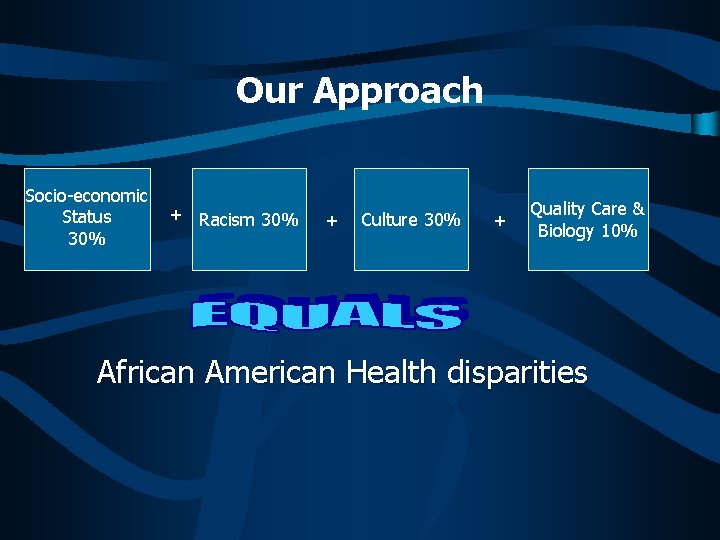 Our Approach Socio-economic Status 30% + Racism 30% + Culture 30% + Quality Care Our Approach Socio-economic Status 30% + Racism 30% + Culture 30% + Quality Care