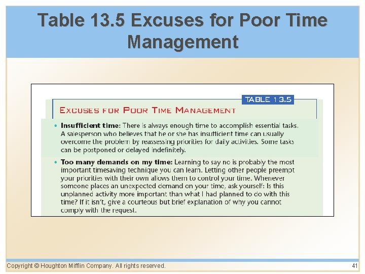 Table 13. 5 Excuses for Poor Time Management Copyright © Houghton Mifflin Company. All