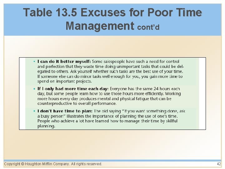 Table 13. 5 Excuses for Poor Time Management cont’d Copyright © Houghton Mifflin Company.