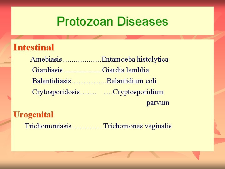Protozoan Diseases Intestinal Amebiasis. . . . . Entamoeba histolytica Giardiasis. . . .