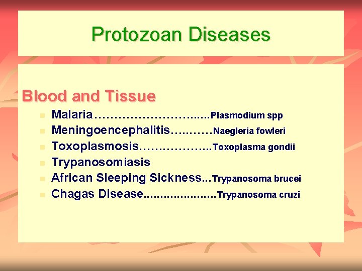 Protozoan Diseases Blood and Tissue n n n Malaria …………. . . Plasmodium spp