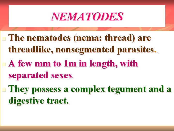 NEMATODES The nematodes (nema: thread) are threadlike, nonsegmented parasites. , n A few mm