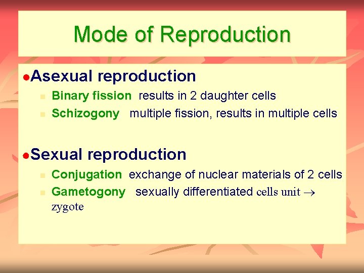 Mode of Reproduction ●Asexual reproduction n n Binary fission: results in 2 daughter cells