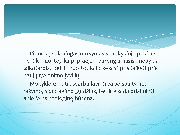 Pirmokų sėkmingas mokymasis mokykloje priklauso ne tik nuo to, kaip praėjo parengiamasis mokyklai laikotarpis,