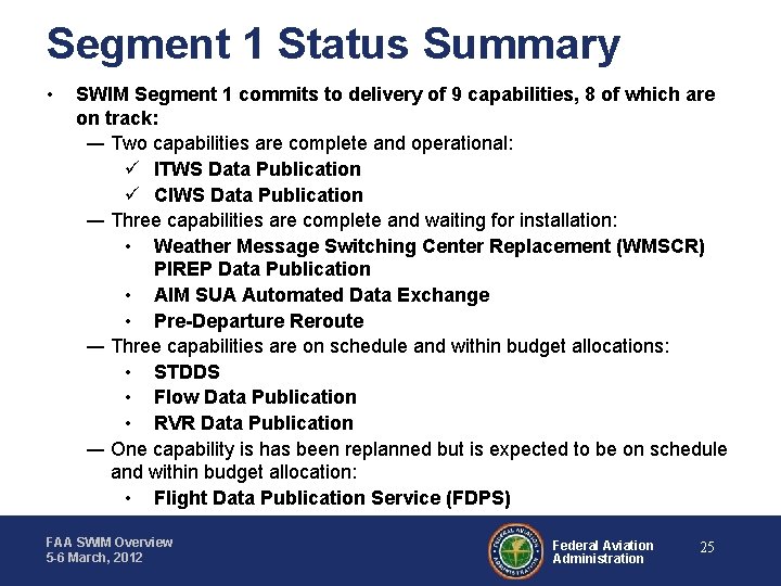 Segment 1 Status Summary • SWIM Segment 1 commits to delivery of 9 capabilities,