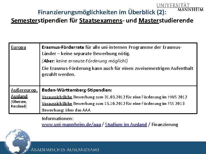 Finanzierungsmöglichkeiten im Überblick (2): Semesterstipendien für Staatsexamens- und Masterstudierende Europa Erasmus-Förderrate für alle uni-internen Finanzierungsmöglichkeiten im Überblick (2): Semesterstipendien für Staatsexamens- und Masterstudierende Europa Erasmus-Förderrate für alle uni-internen