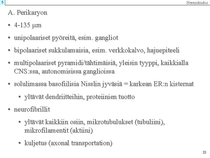 5 Hermokudos A. Perikaryon • 4 -135 µm • unipolaariset pyöreitä, esim. gangliot •