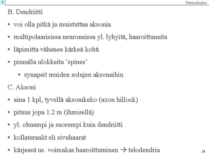 5 Hermokudos B. Dendriitti • voi olla pitkä ja muistuttaa aksonia • multipolaarisissa neuroneissa