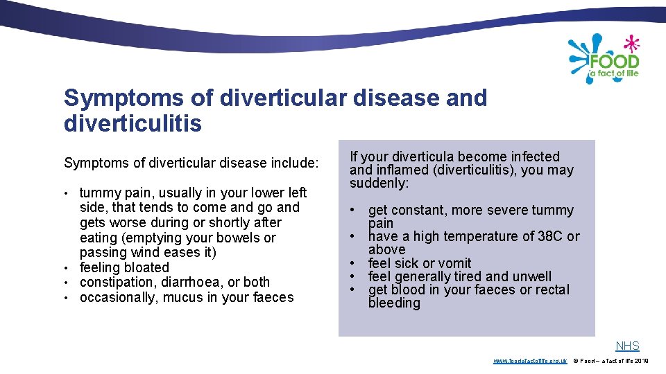 Symptoms of diverticular disease and diverticulitis Symptoms of diverticular disease include: • tummy pain,