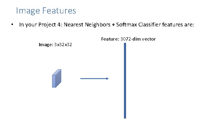 Image Features • In your Project 4: Nearest Neighbors + Softmax Classifier features are: Image Features • In your Project 4: Nearest Neighbors + Softmax Classifier features are: